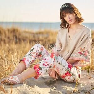 Spartina 449 Delilah Linen Top Size XL Tan Coral Floral Tie Embroidery Blouse